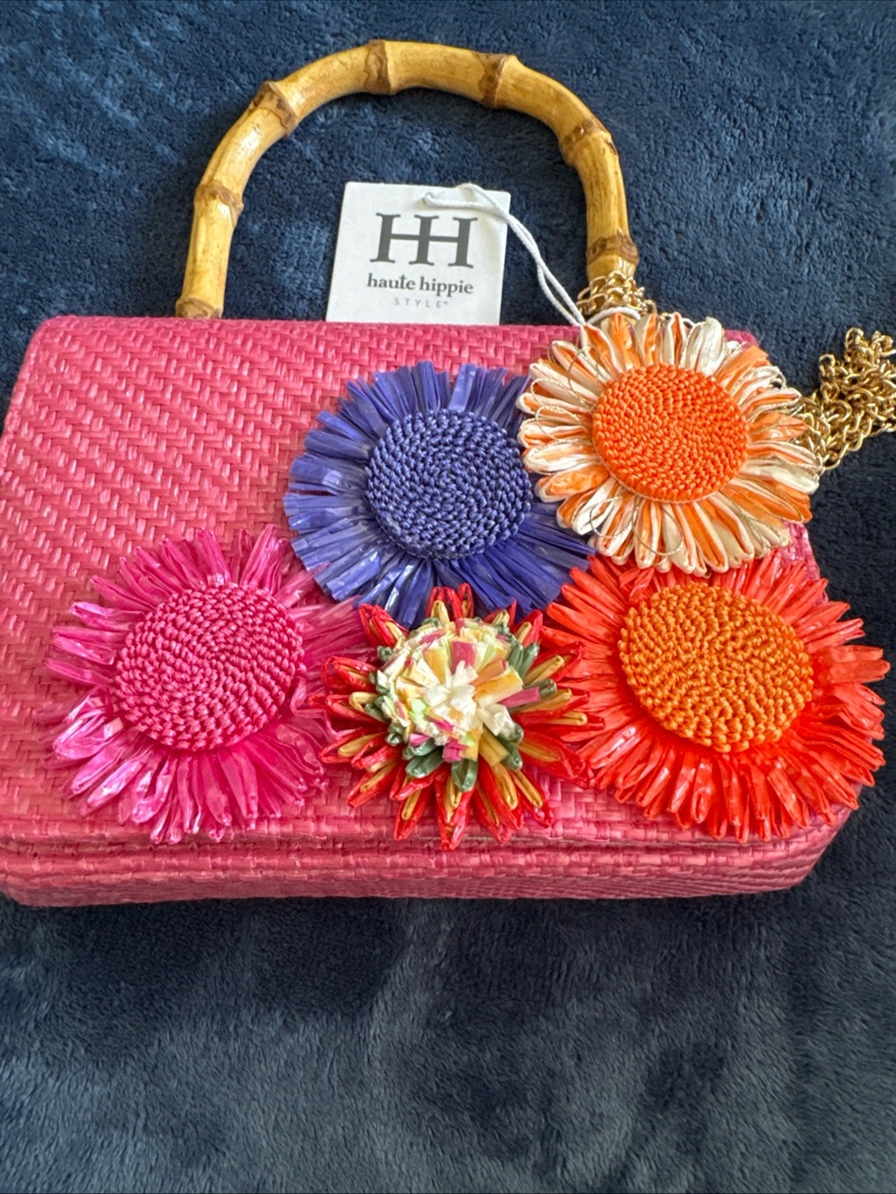 New Haute Hippie Straw Flowers Bamboo Handle Purse Shoulder Crossbody Chain NWT - Picture 2 of 16